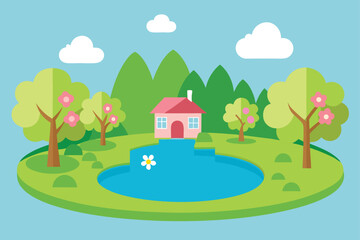 Fototapeta premium a village pond surrounded by flowering trees