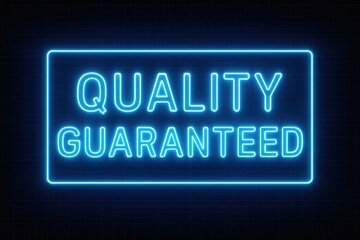 Neon blue sign displaying the phrase "Quality Guaranteed" glowing brightly against a dark, grid-patterned background, emphasizing assurance and reliability.