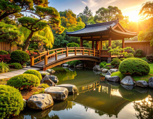 Photo of a serene Japanese-style garden with a small pond