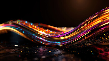 Vibrant wave of colorful light flows gracefully across dark background, creating mesmerizing visual effect. shimmering particles enhance dynamic movement, evoking sense of energy and creativity