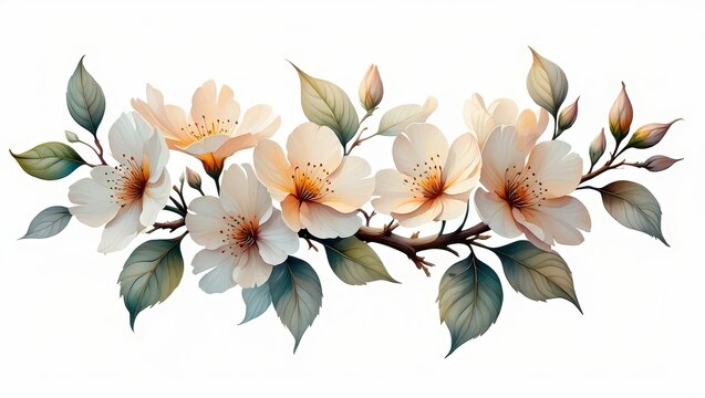 Elegant Creamy Blossom Branch: Soft, Romantic Floral Illustration, Isolated on White Background