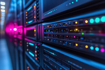Modern Data Center Server Room With Glowing LED Lights In Orange Blue Network Infrastructure Technology Digital Computing Environment Equipment Racks


