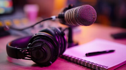 Obraz premium Microphone and Headphones on Desk; Preparing for Recording Session in Studio
