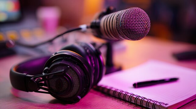 Microphone and Headphones on Desk; Preparing for Recording Session in Studio