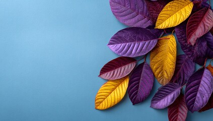 Colorful leaves in various shades of purple, yellow, and red are arranged on the right side against a blue background. 