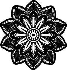 Detailed black and white floral mandala with textured elements