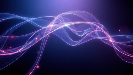 Abstract glowing waves with purple and blue hues on a dark background with light particles