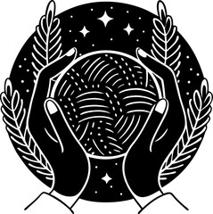 Hands holding ball of yarn with celestial elements