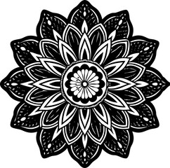 Intricate black and white mandala with textured petals