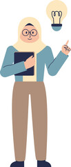 A woman in a hijab presents an idea, holding a folder, lightbulb above.