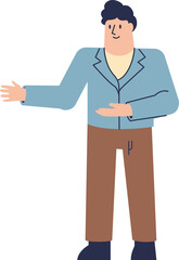 A friendly cartoon man in a blue jacket and brown pants with a welcoming gesture.