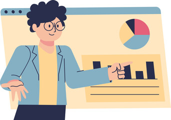 Woman with glasses presenting data charts, including a pie chart and bar graph, on a screen.