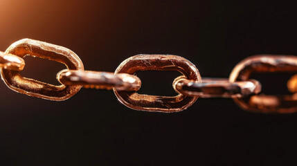Fototapeta premium Close up view of metallic chain link, showcasing its texture and shine against dark background. warm light highlights details, creating striking visual contrast