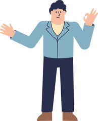 A friendly cartoon man in a blue jacket smiles while making an OK sign with one hand and a welcoming gesture with the other.