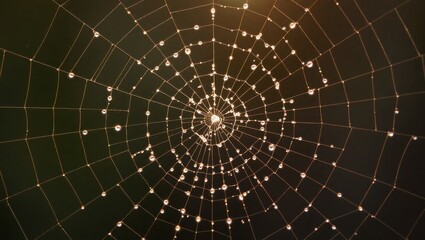 A spiderweb covered in water droplets glistening against a dark and blurry background in a close up view