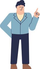 Smiling man in light blue jacket, pointing upward, suggesting an idea or direction.