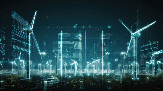 Futuristic cityscape featuring digital wind turbines and skyscrapers, illuminated by neon lights, symbolizes renewable energy and technological advancement. scene evokes sense of innovation