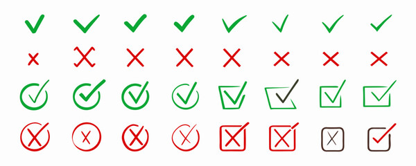 Collection of Green Check Marks and Red X Marks: Tick and Cross Icons