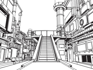 Factory, technical room, futurism, industry, equipment, mechanisms. Hand drawn vector illustration