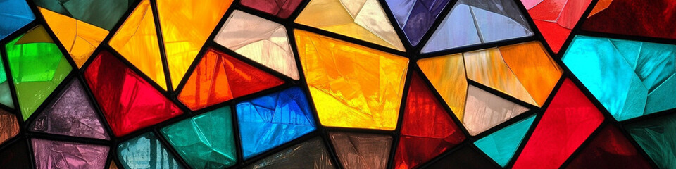 Geometric stained glass window with bold color contrasts