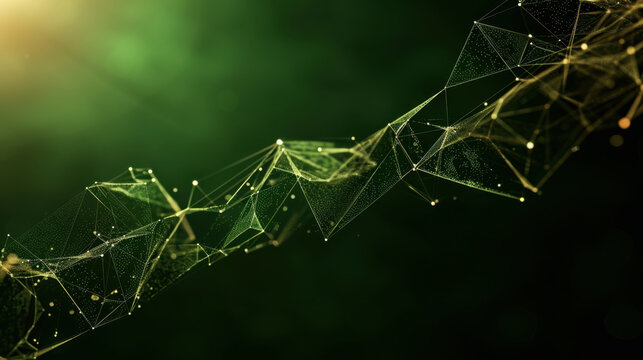Digital abstract representation featuring interconnected geometric shapes and lines, creating sense of depth and movement. green background enhances futuristic and technological feel of image