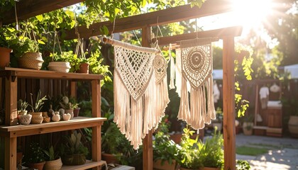 Macrame Wall Hangings Decorating a Backyard Garden Area