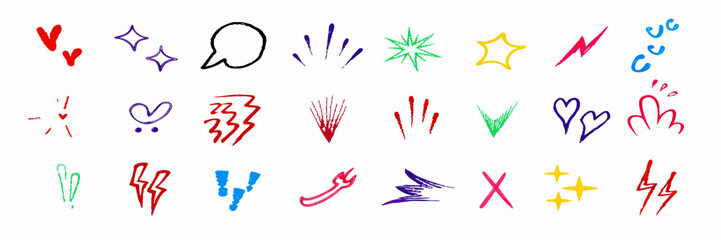 Hand-drawn Colorful Doodle Icons: Hearts, Stars, Speech Bubbles, and More