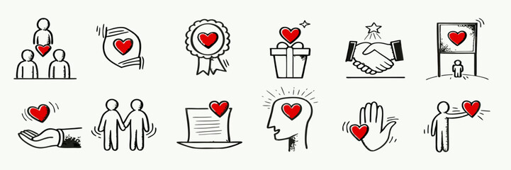 12 Red Heart Icons: Charity, Love, Teamwork, and Giving Illustrations