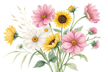 Watercolor painting of sunflower and daisy bouquet isolated on transparent background. Flower PNG.