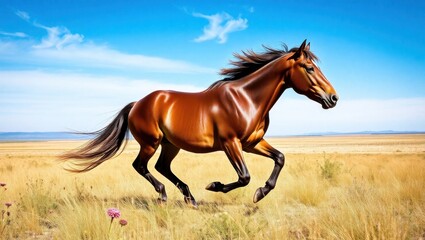 A chestnut horse galloping through a field of golden grass under a bright blue sky with wispy clouds