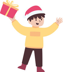 A cheerful cartoon boy wearing a Santa hat and yellow sweater joyfully holds up a gift box.