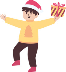 Excited boy in a Christmas sweater holding a gift, celebrating a holiday.