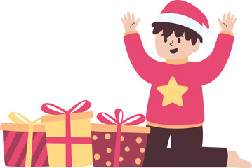 Joyful boy in Santa hat kneeling beside Christmas presents.