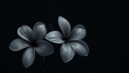 abstract frangipani blossoms, deep charcoal background, exaggerated petals, minimalist, clean lines
