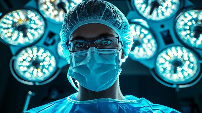 Surgeon with glasses during a medical procedure, viewed from the patient on the operating table. Doctor performing a surgery - first person perspective. Low angle, operating room lights. Video