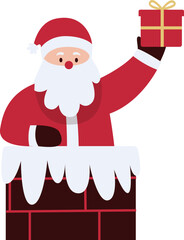 Cartoon Santa Claus emerging from a snowy chimney, holding a festive gift box.