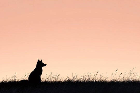 Silhouette of a fox sitting in a field of grass during a beautiful sunset, creating a peaceful and minimalist scene