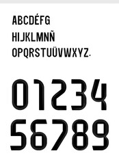 Modern and bold sports typeface in editable vector format. Includes a complete uppercase alphabet and numeric set with a clean, geometric design. Ideal for jersey numbers, scoreboards, and competitive