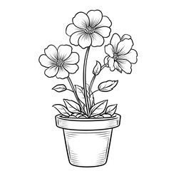Artistic monochrome drawing of a blooming potted plant, ideal for botanical wall prints, greeting cards, and elegant coloring book designs.