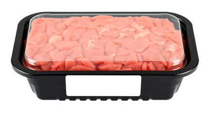 Black plastic tray containing raw minced beef and blank label mockup packaging isolated on transparent background