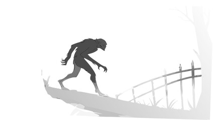 Silhouette of a werewolf walking along a ridge near a fence in a grayscale illustration