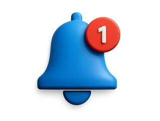 A bright blue 3d rendered notification bell icon with a red circle displaying the number one indicating a new alert or message isolated on transparent background