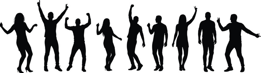 Silhouettes of diverse people in motion, dancing, posing, gesturing, black figures on white background, artistic human shapes, expressive body language