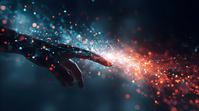 Digital Genesis: Human Finger Ignites a Luminous Plexus of Blue and Orange Particles.