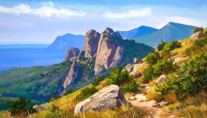 Obraz premium Scenic mountain landscape overlooking ocean