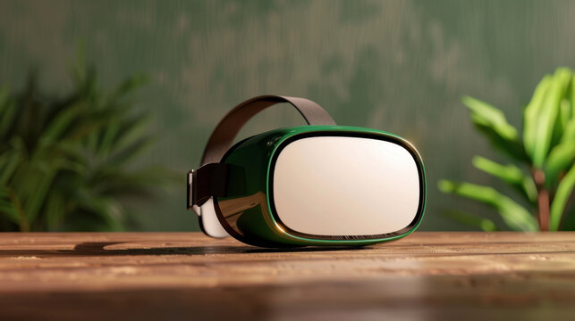 Modern virtual reality headset sits wooden table, surrounded by lush green plants, creating serene and immersive atmosphere. sleek design and reflective surface of headset highlight its advanced