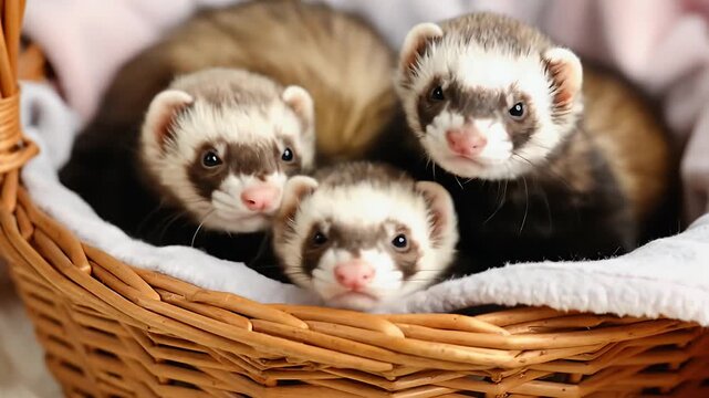 Three ferrets in wicker basket