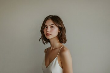 Obraz premium Young woman with short brown hair posing in a minimalist fashion portrait, wearing a white top