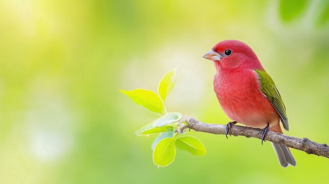 Crimson-backed Tanager perched on a tree branch on green background