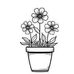 Decorative flower pot illustration with detailed petals, stems, and foliage in black and white, perfect for nature art collections and wall décor.